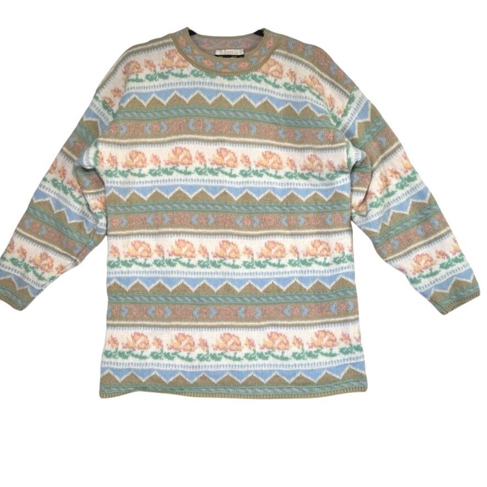 Vintage Dana Scott Pastel Floral Fair Isle Metallic Knit Sweater Made in USA M